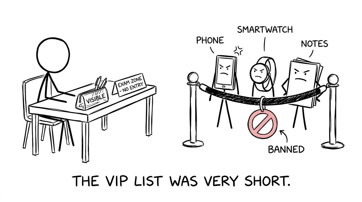 A phone, smartwatch and revision notes discover that the examination desk has a very short guest list