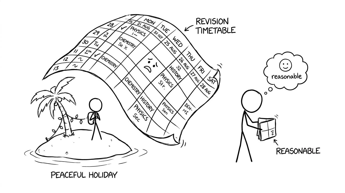 A student calmly folding an enormous revision timetable into a reasonable plan