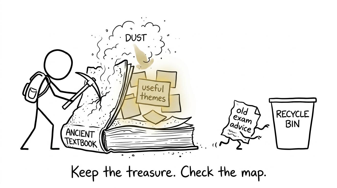 A student discovers useful ideas and outdated exam advice inside an ancient textbook