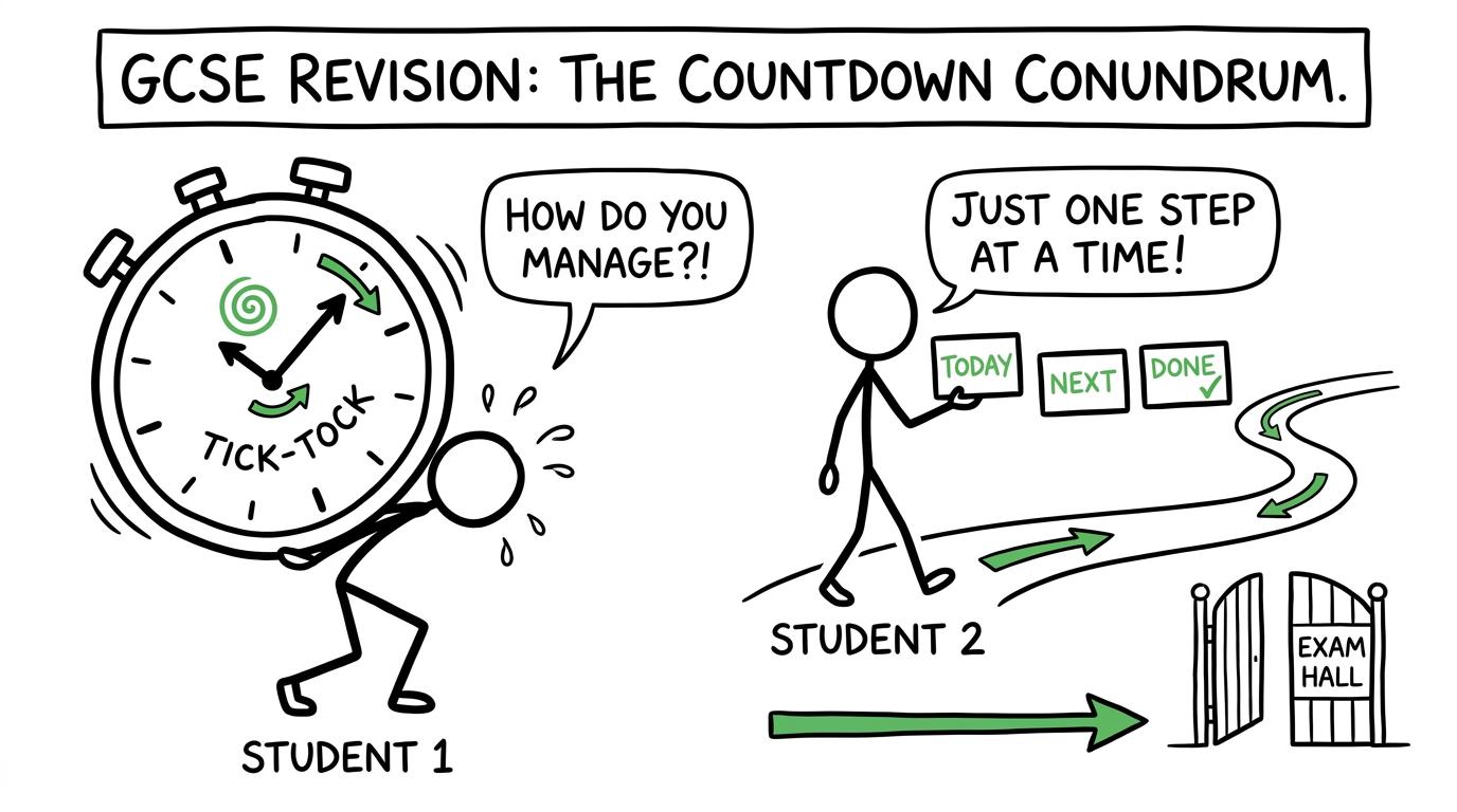 Two students take different revision paths: one carries a giant clock while the other carries small action cards