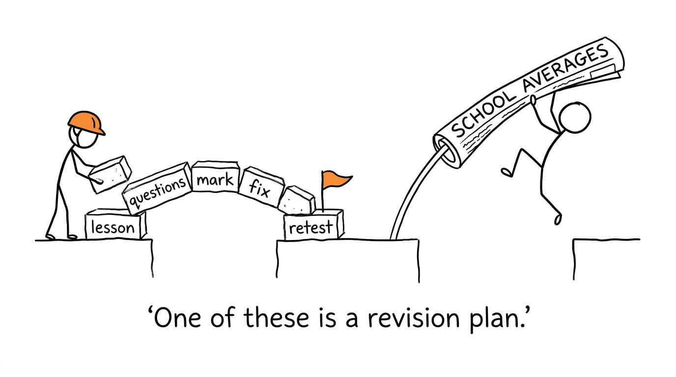 A student builds a revision bridge while another tries to jump across using school averages