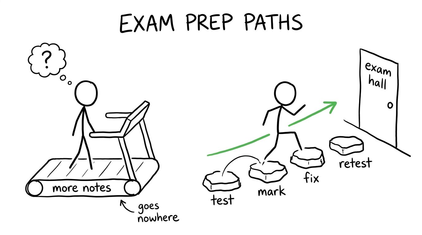 A student escapes a revision treadmill by choosing test, mark, fix and retest stepping stones