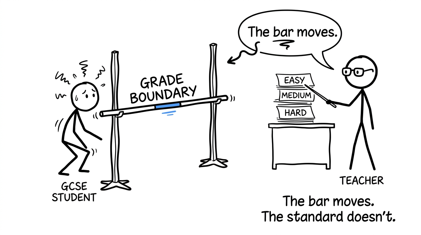 A moving grade boundary adjusts for papers of different difficulty