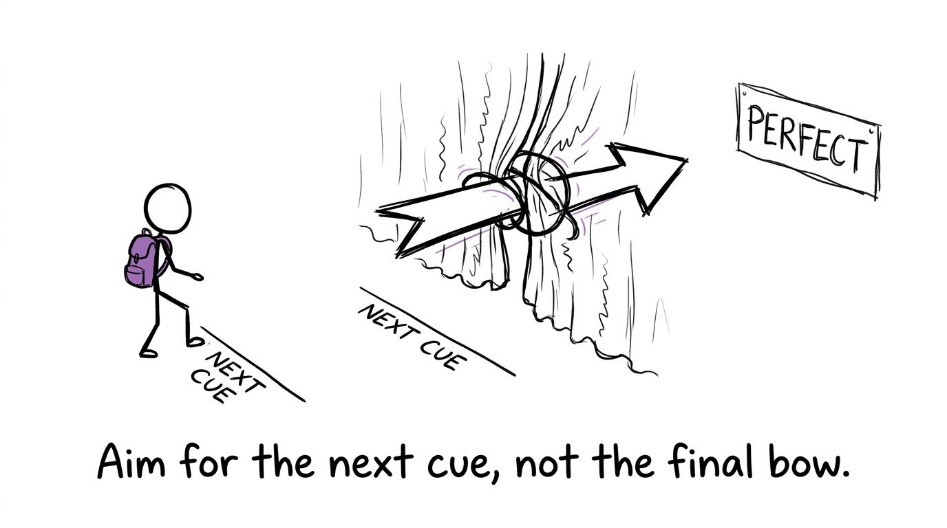 A student follows the next cue while the route to perfection tangles in curtains
