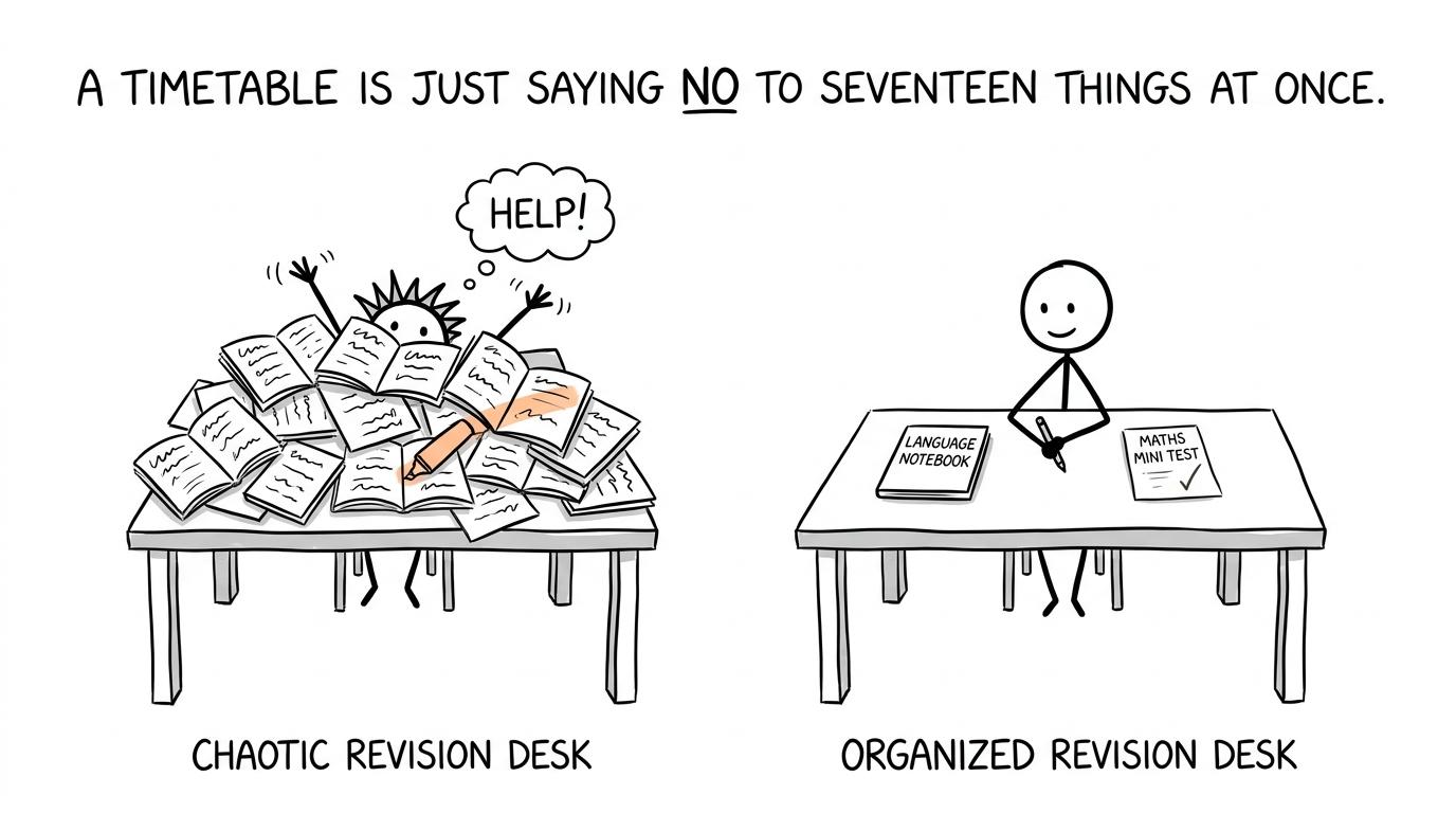 One calm revision desk beside another buried under too many books