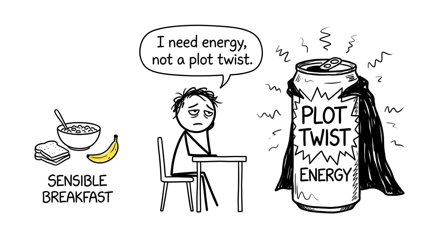 A student choosing dependable breakfast energy over an energy-drink plot twist