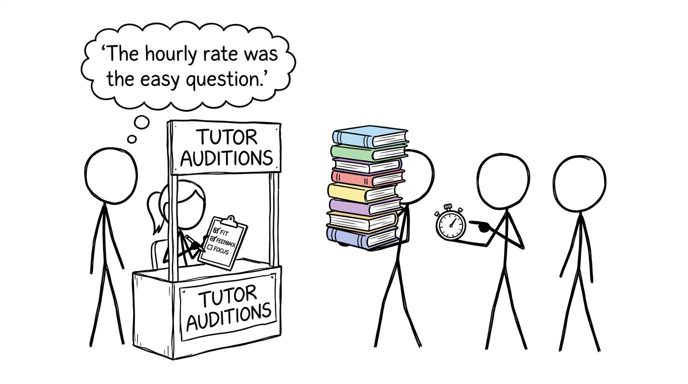 A student and parent holding a checklist while interviewing tutors