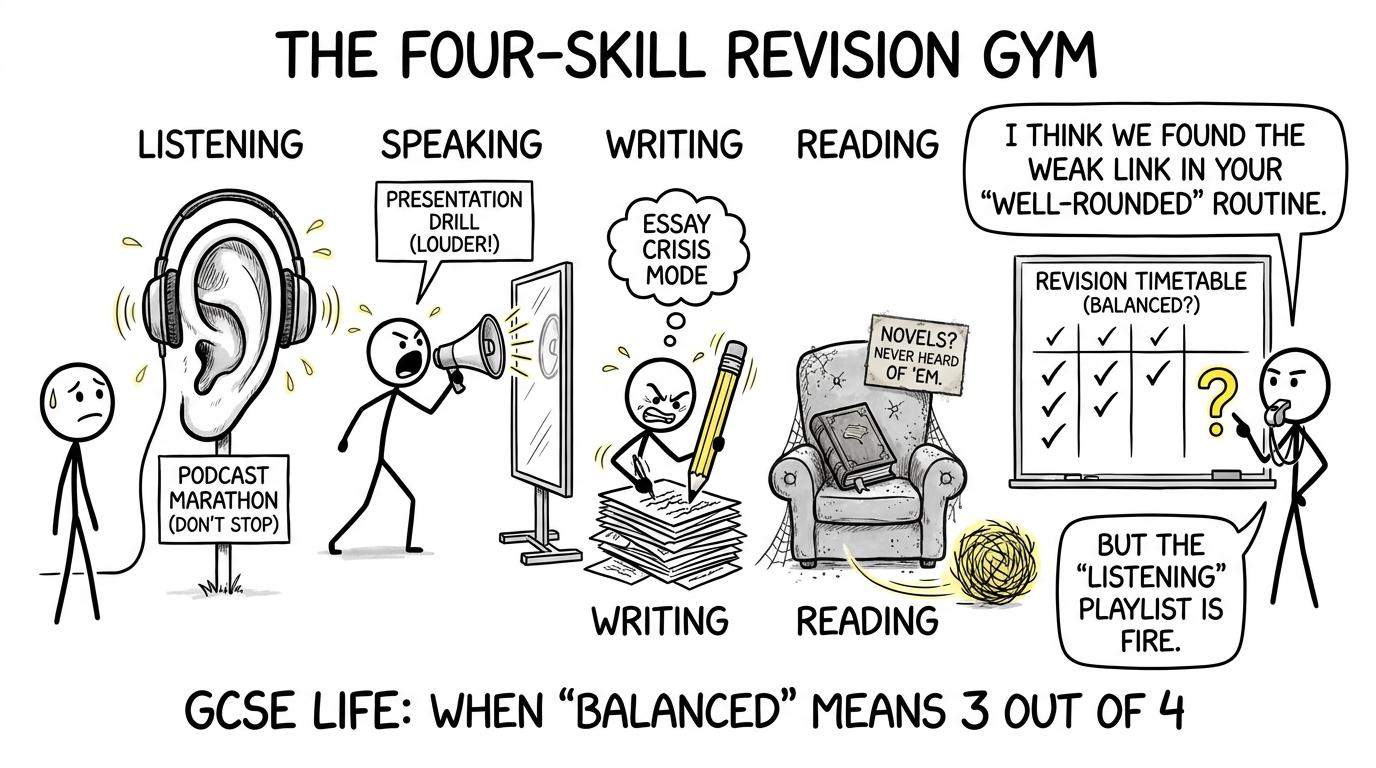 A four-skill revision gym reminds a student not to neglect one component