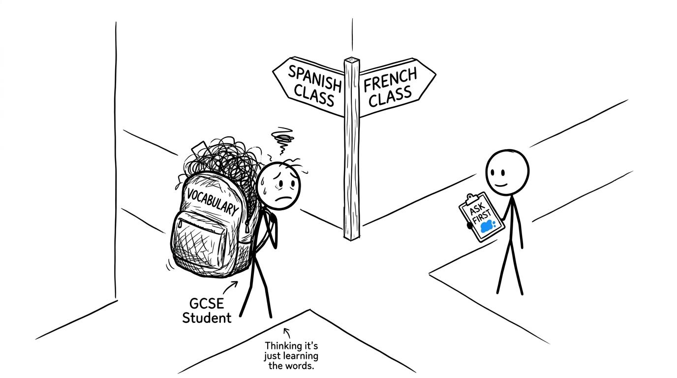 A student choosing between French and Spanish while a teacher advises asking first
