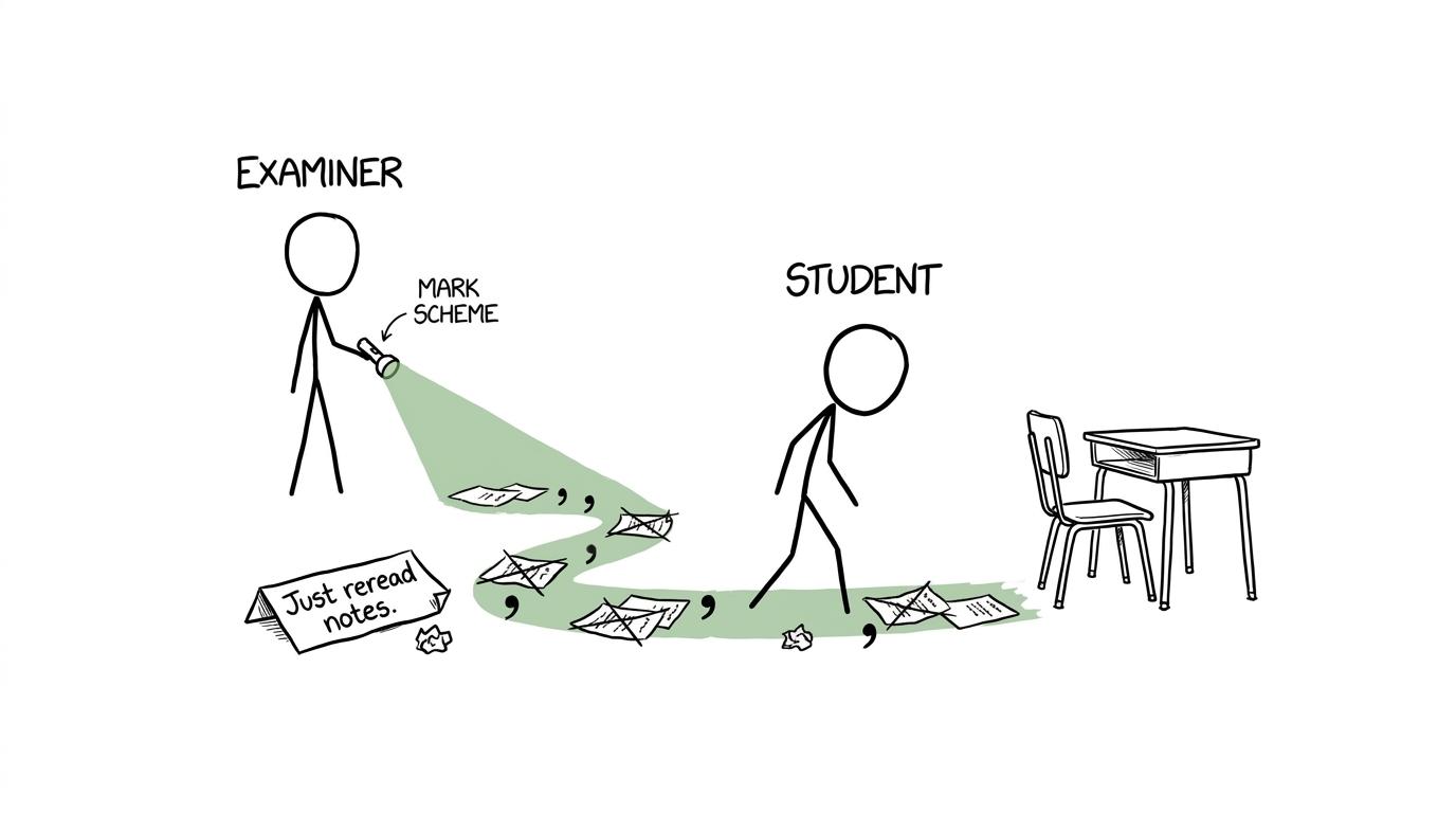 An examiner's mark scheme lights a trail of corrections while rereading notes is left behind