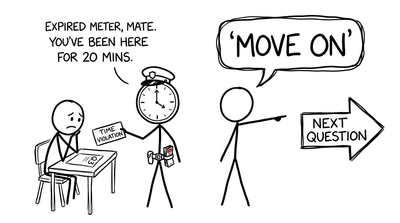 An exam clock issues a ticket for staying on one question too long