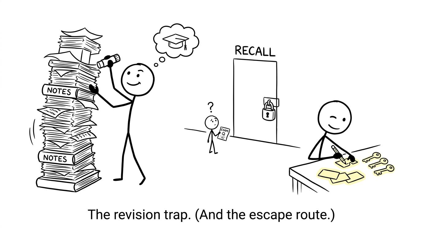 A student turns useful note cards into keys while an enormous tower of notes cannot open the recall door