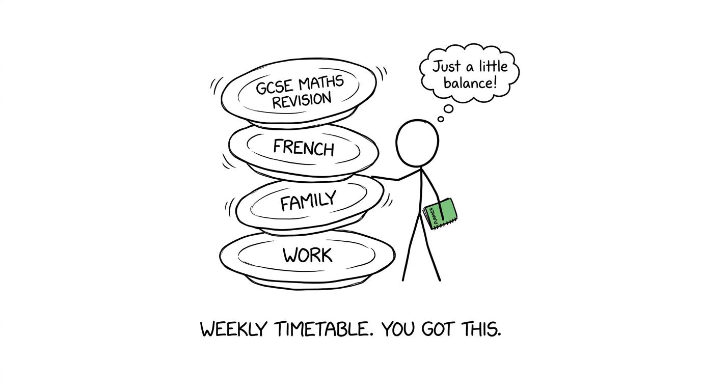 A calm planner balancing work, French and maths revision