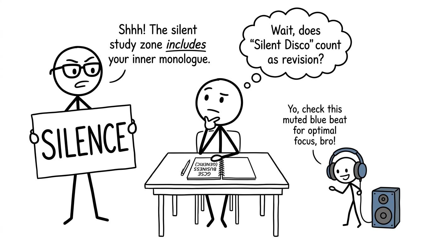 A student choosing between a stern librarian and a tiny revision DJ