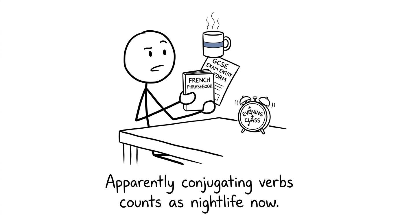 An adult learner discovers that French verbs now count as nightlife