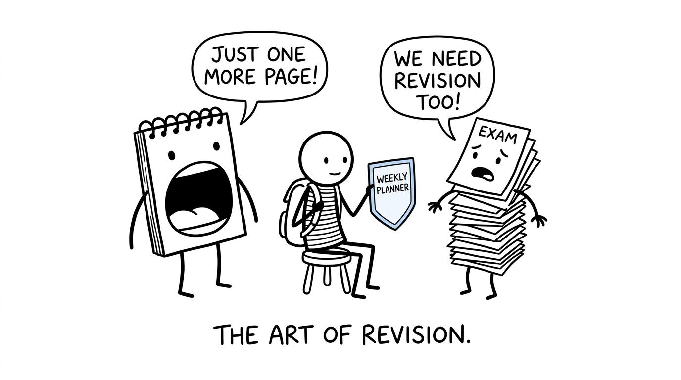A student balancing a demanding sketchbook and exam papers with a weekly planner