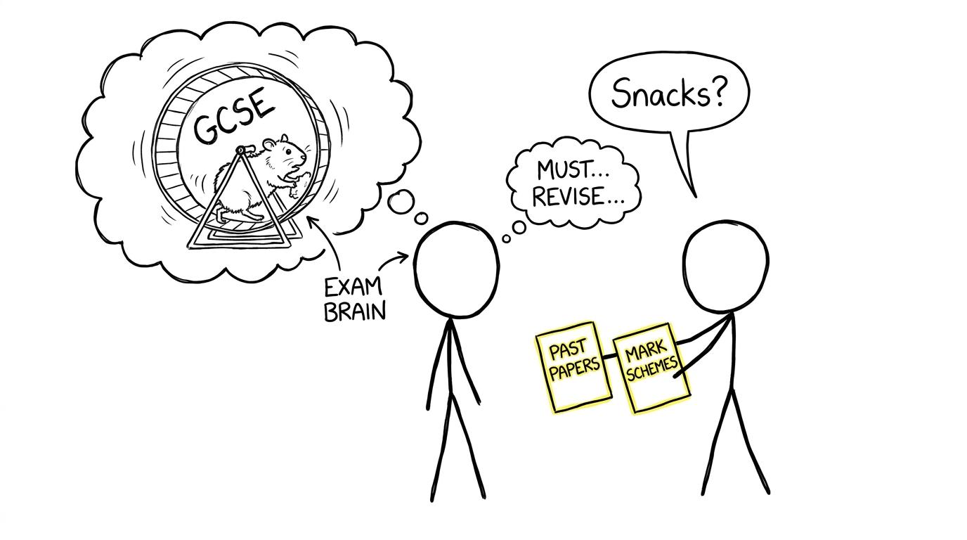 Exam brain hamster being fuelled by past papers and mark schemes