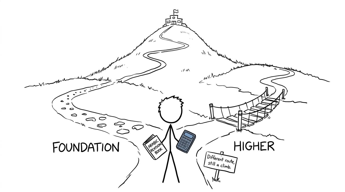 A student choosing between two different routes up the same revision hill