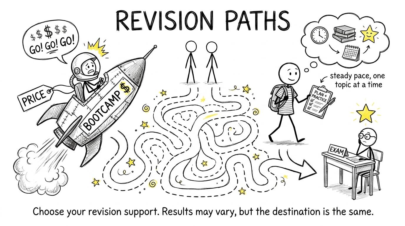 A calm revision plan and a dramatic bootcamp rocket take different routes towards the same exam desk