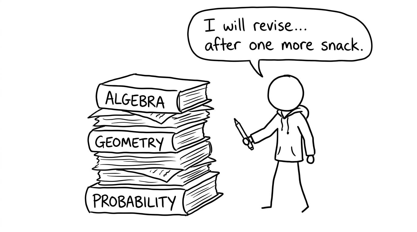 A student faces a towering pile of revision topics with a tiny highlighter-sword
