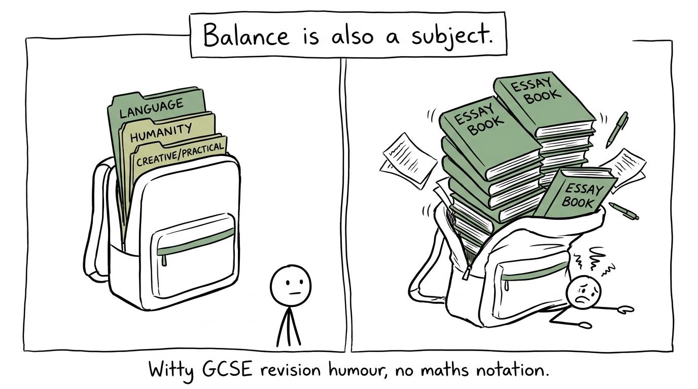 One balanced revision backpack sits beside another overloaded with identical essay books