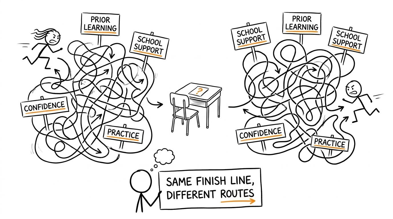 Two students reach the same exam through different mazes of prior learning and support