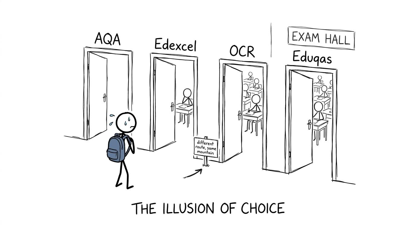 A student discovering that different exam-board doors lead towards the same destination
