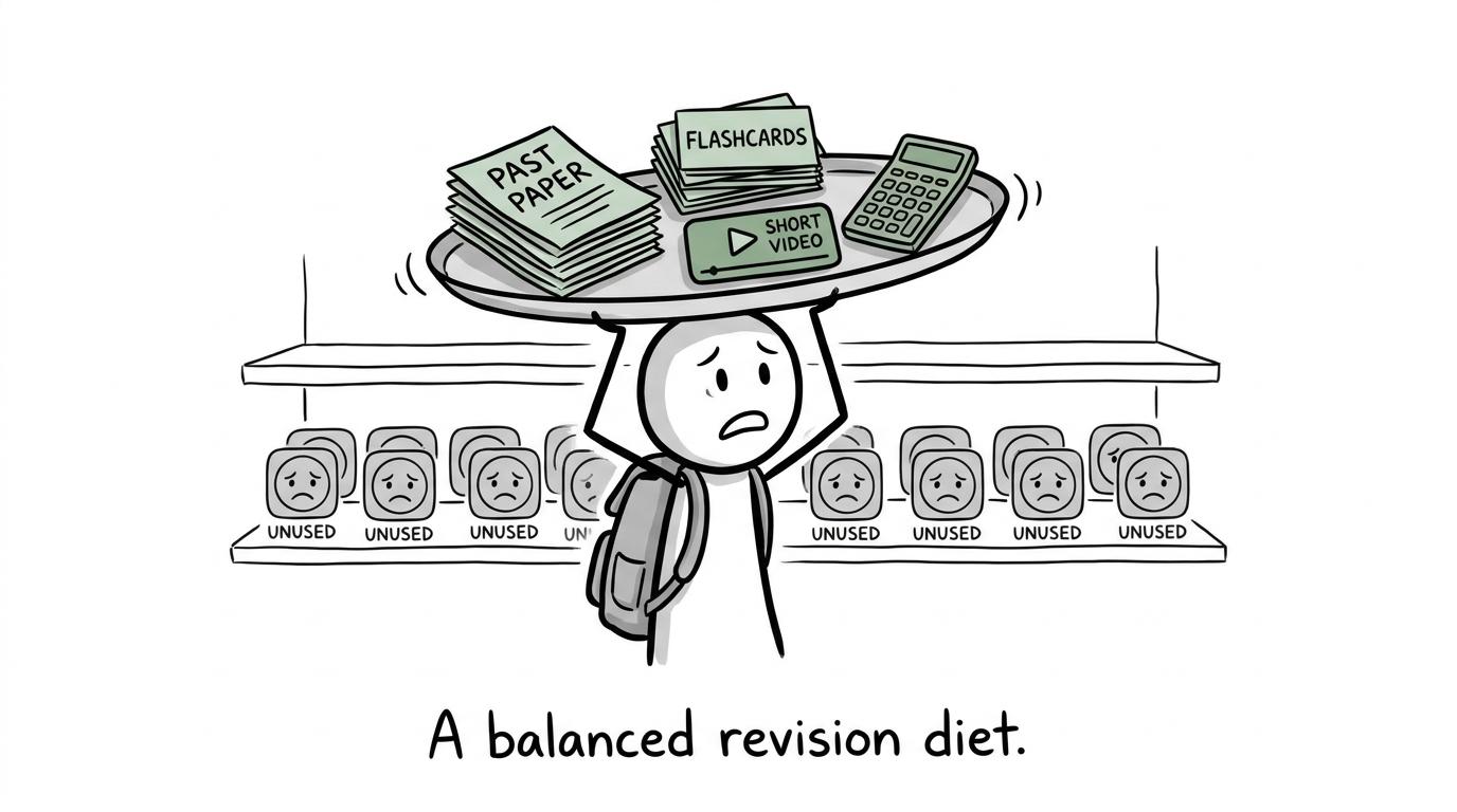 A student carries a balanced revision tray while unused apps wait on a shelf