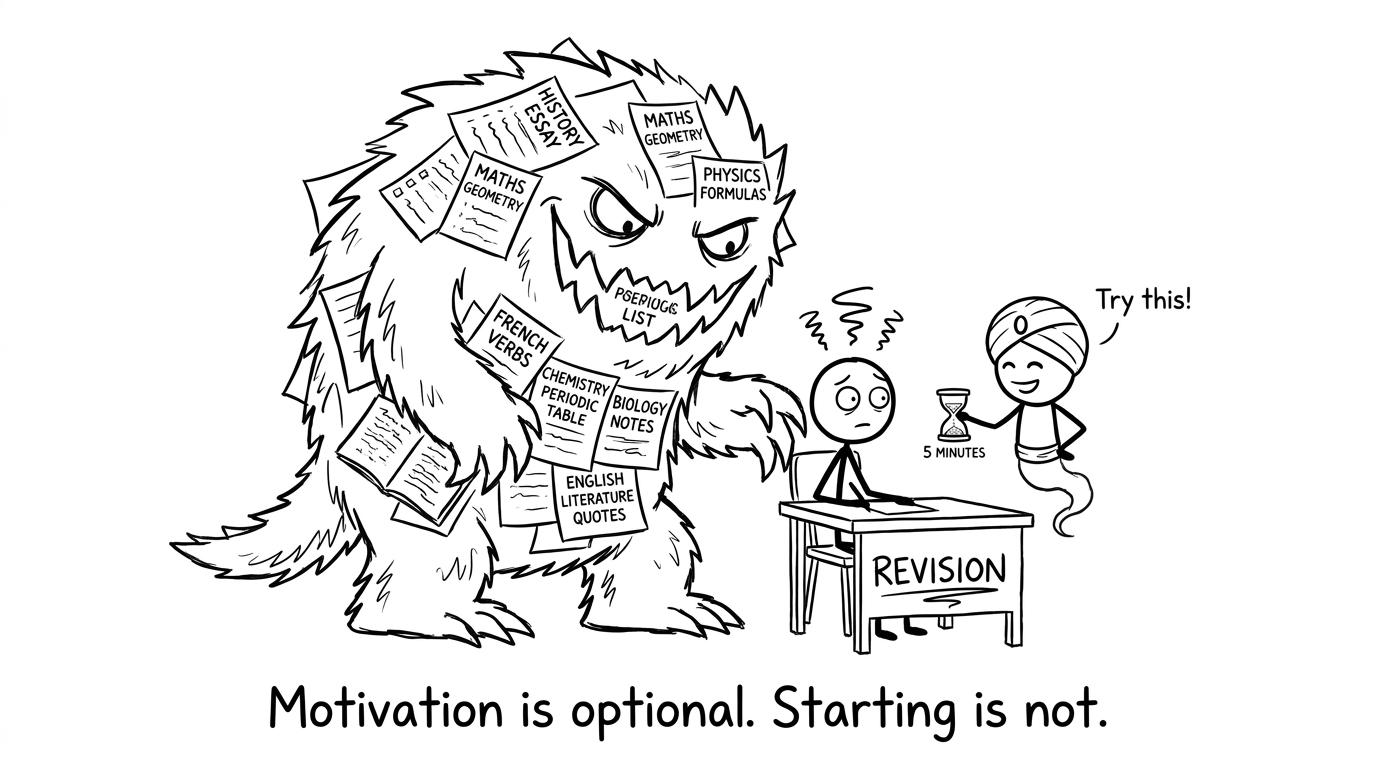 A tiny-start revision genie facing a to-do list monster