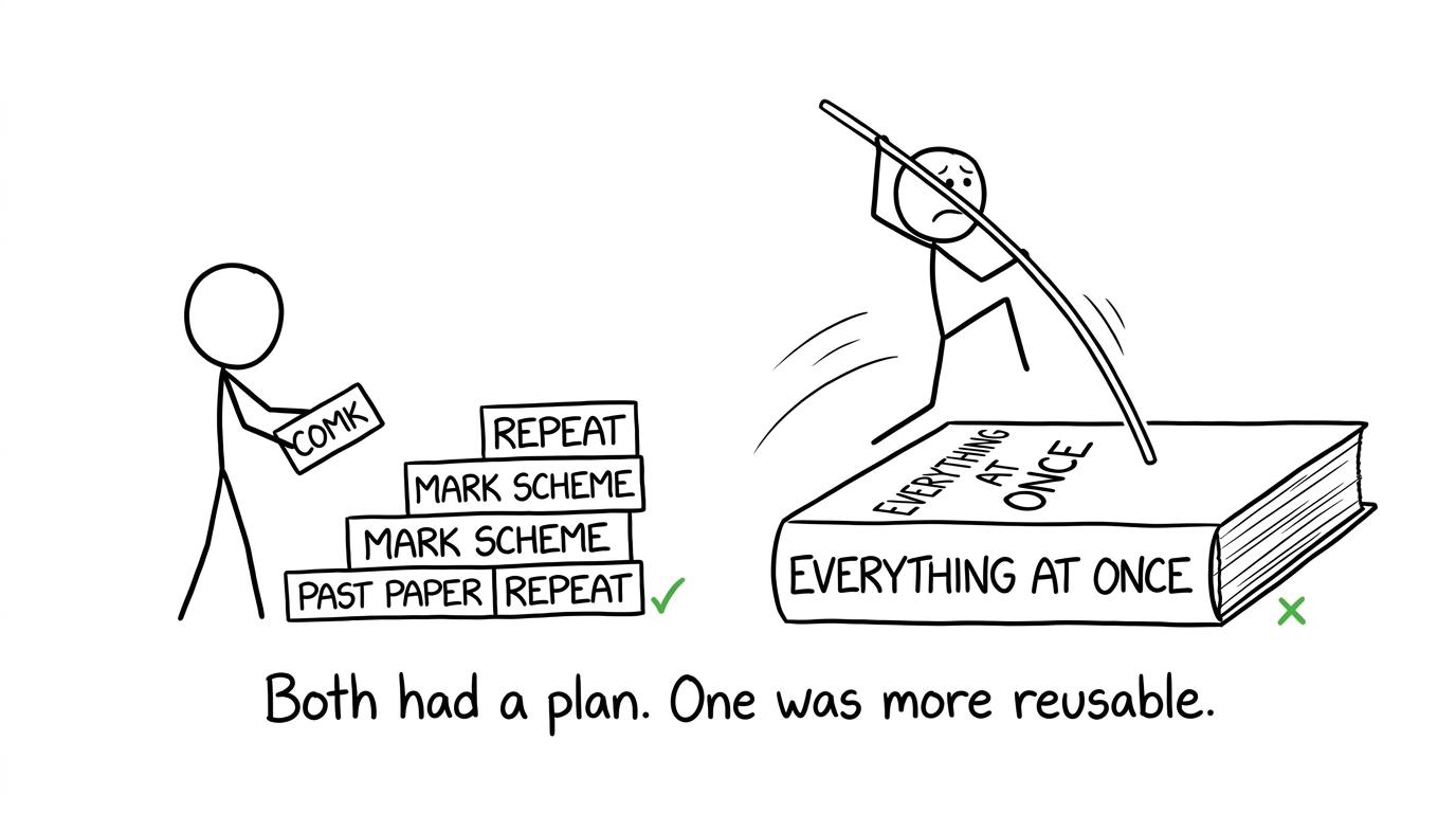 Two contrasting revision plans involving steps and a pole vault