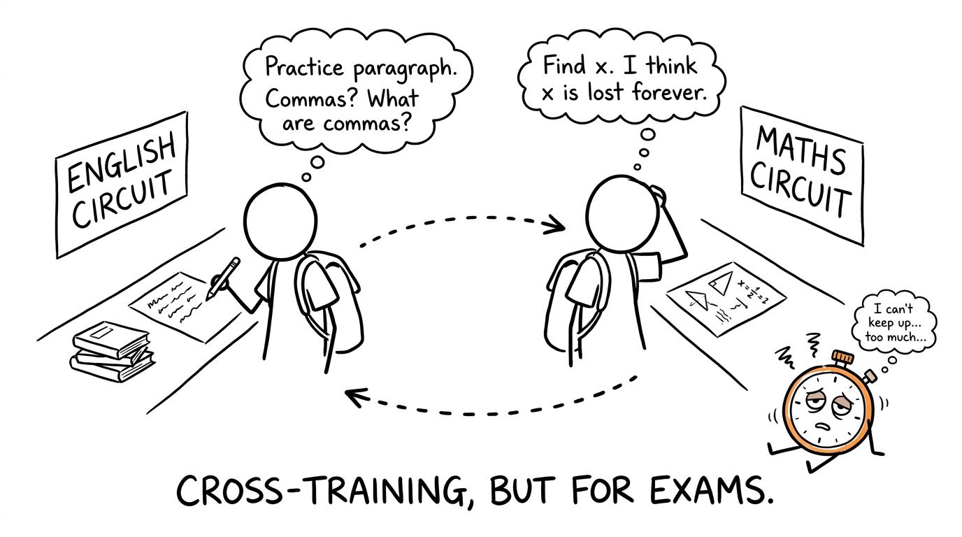 A student switches between English and maths in an exam revision circuit