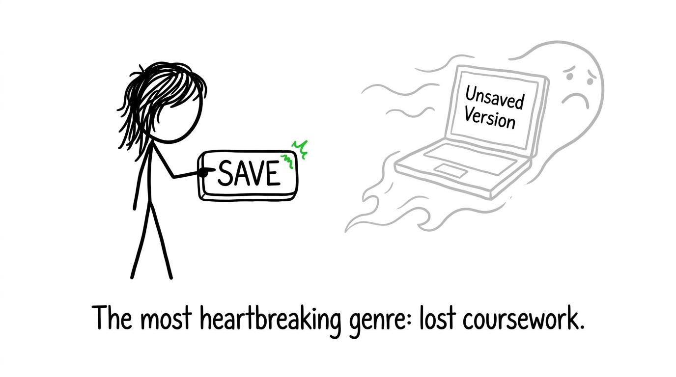 A student saves work as the ghost of an unsaved version floats away