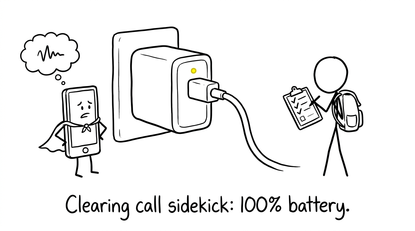 A fully charged superhero phone waits beside a Clearing checklist