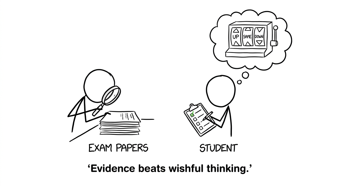 A student uses evidence and a checklist while a review could move a mark up, stay the same or move down