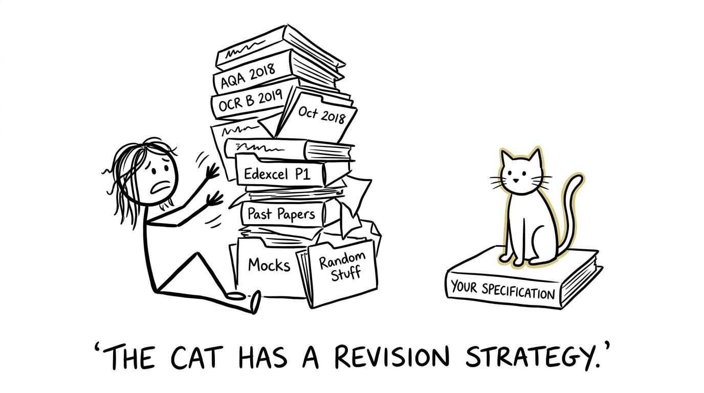 A calm cat selecting the correct specification from a chaotic pile of revision folders