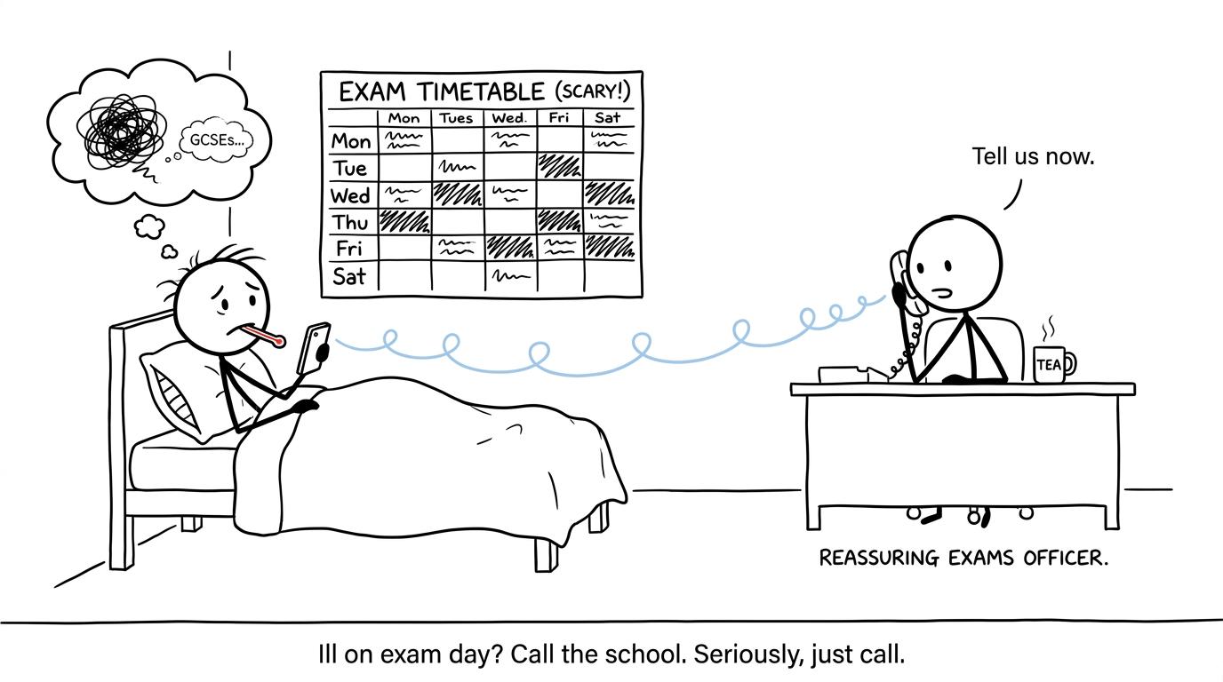 A sick GCSE student calling the exams officer rather than arguing with a giant timetable