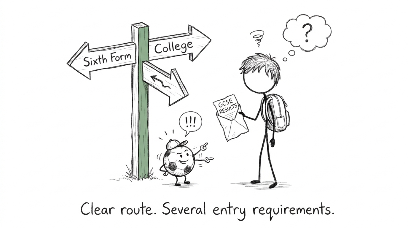 A student consulting a confusing sixth-form signpost