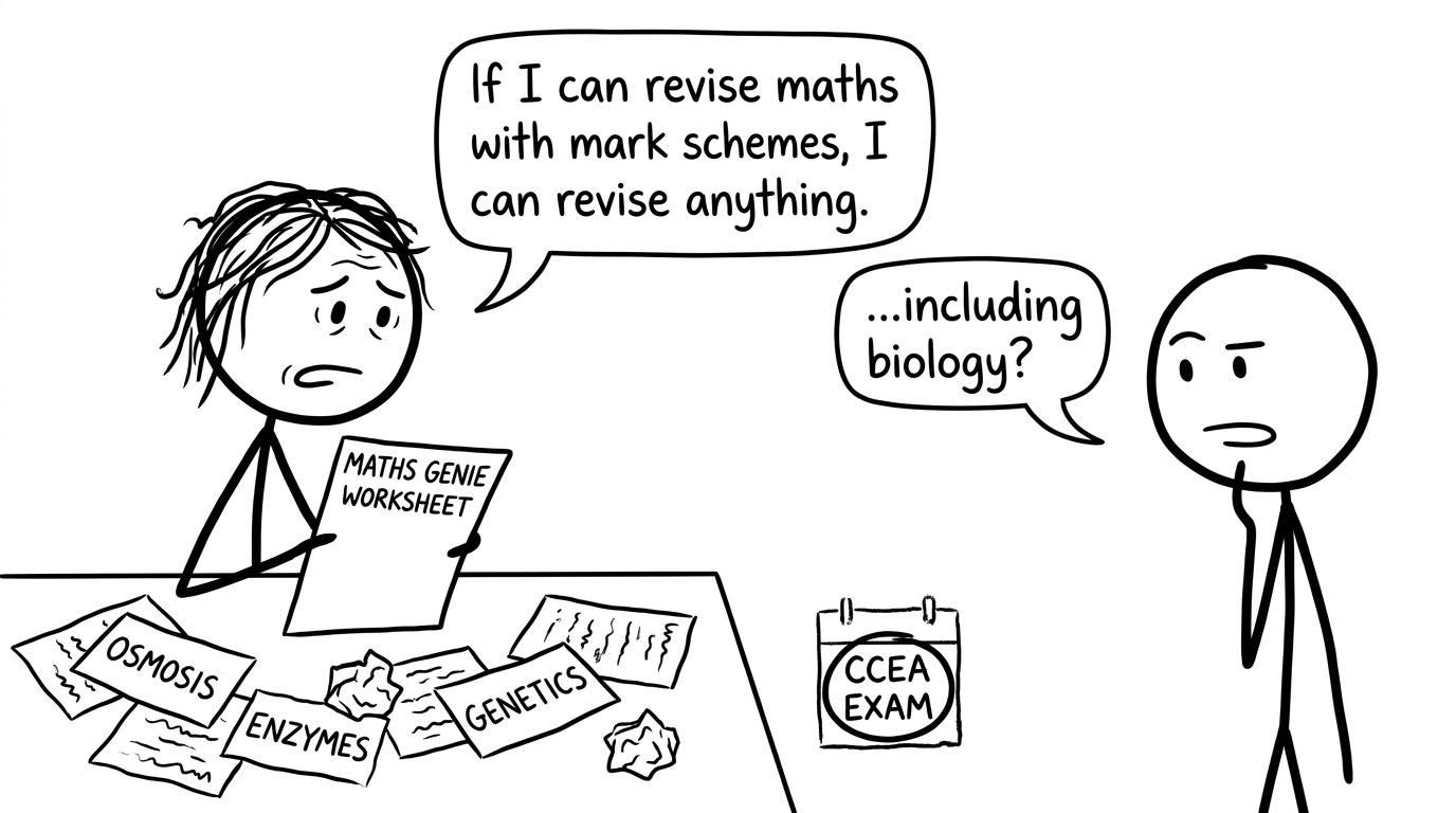 A GCSE student mixing Biology flashcards with Maths Genie practice