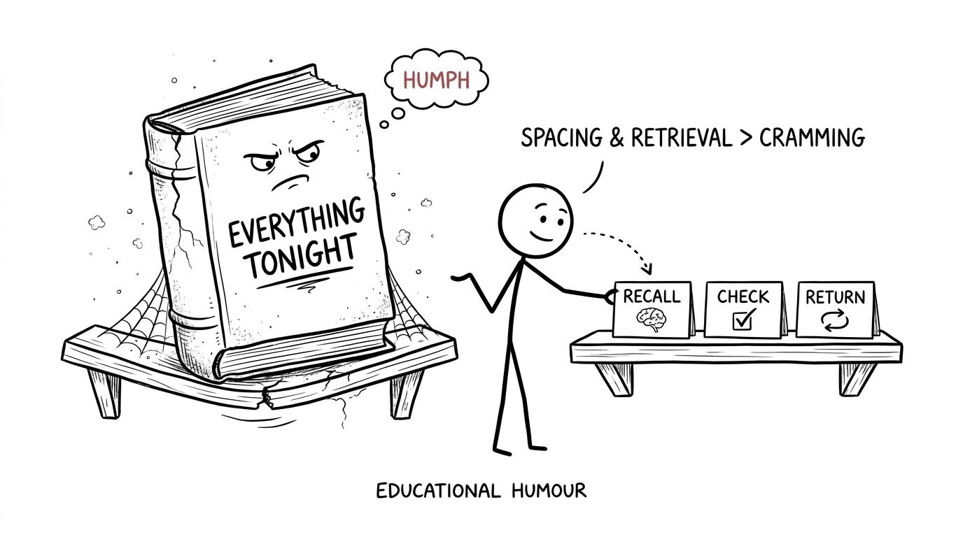 A student choosing small recall and checking cards instead of an enormous revision book