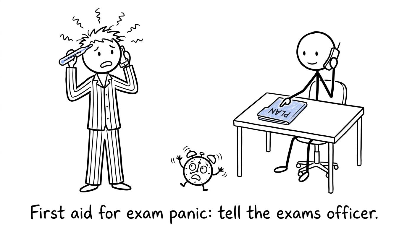 A worried student contacts the exams officer while an alarm clock panics