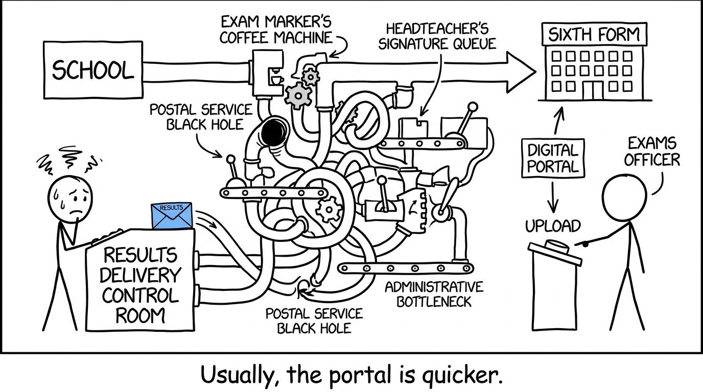 A student watches an over-engineered results delivery system while a simple upload button waits nearby