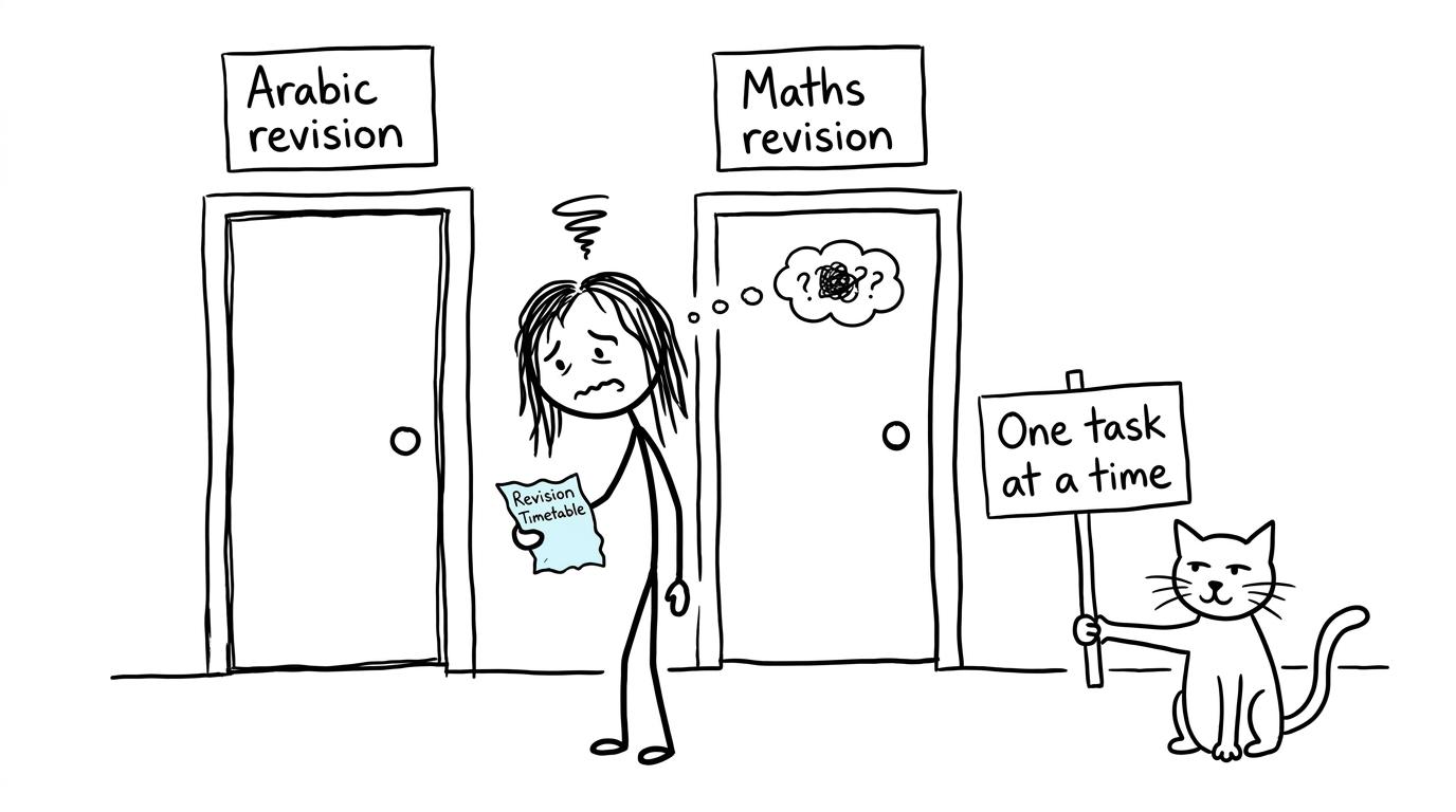 A student choosing calmly between Arabic and maths revision