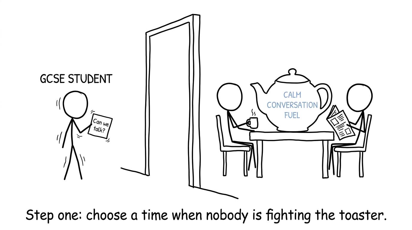 A student preparing to start a calm conversation beside an unusually large teapot