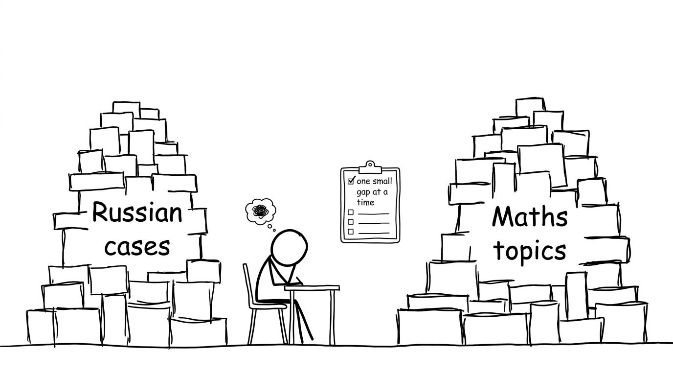 A student faces two intimidating revision piles but chooses one small gap at a time