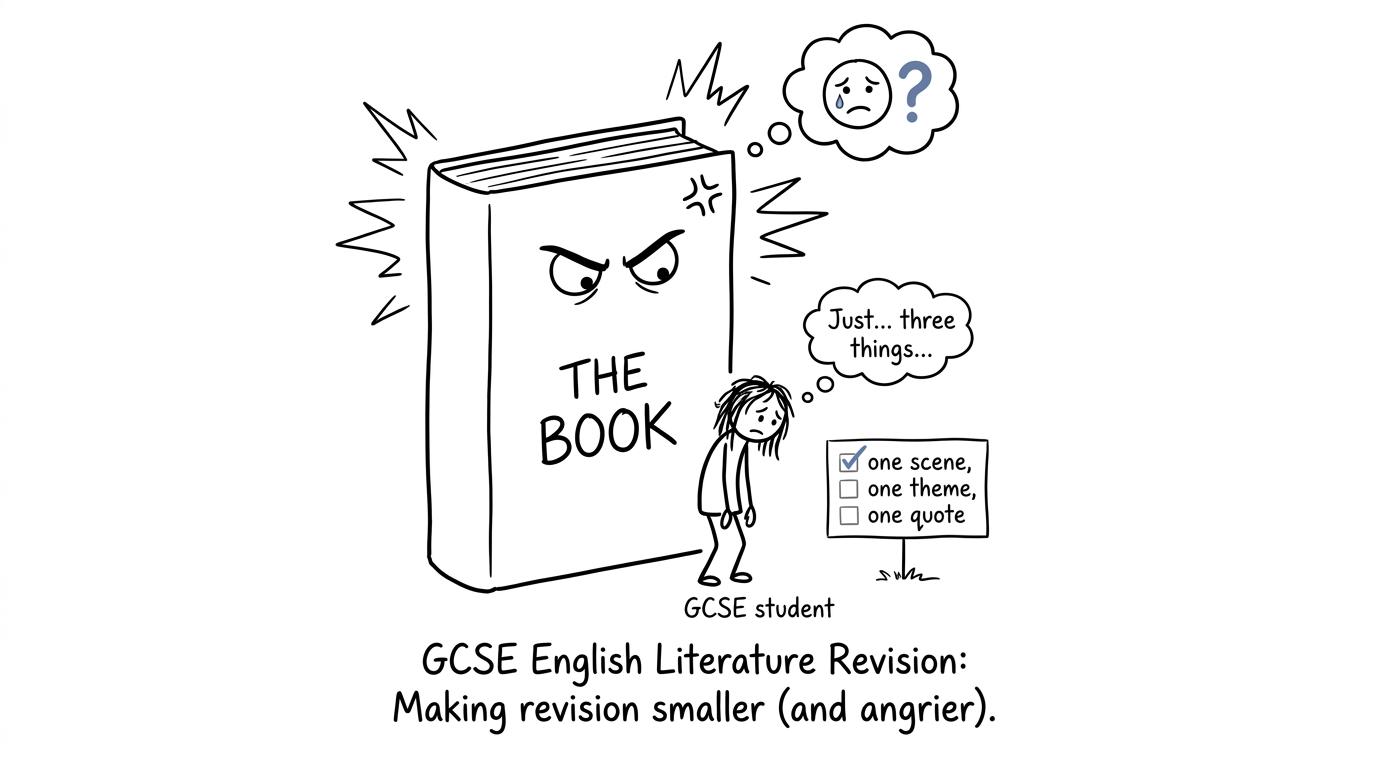 A student reducing a giant English Literature book to three manageable revision tasks
