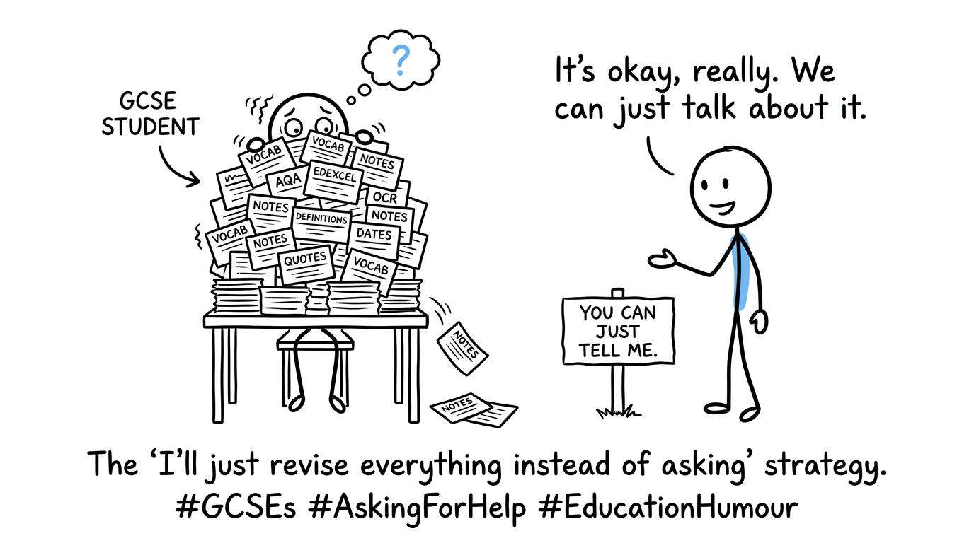 A student discovers that asking a teacher is easier than hiding behind revision cards