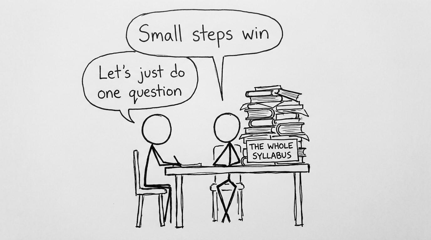 Two stick figures: one question vs whole syllabus