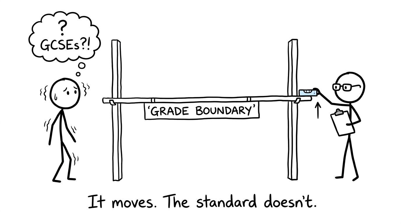 A student watches an examiner adjust a moving grade boundary