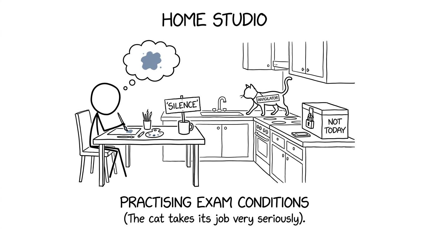 A cat invigilates an unusually serious home art exam