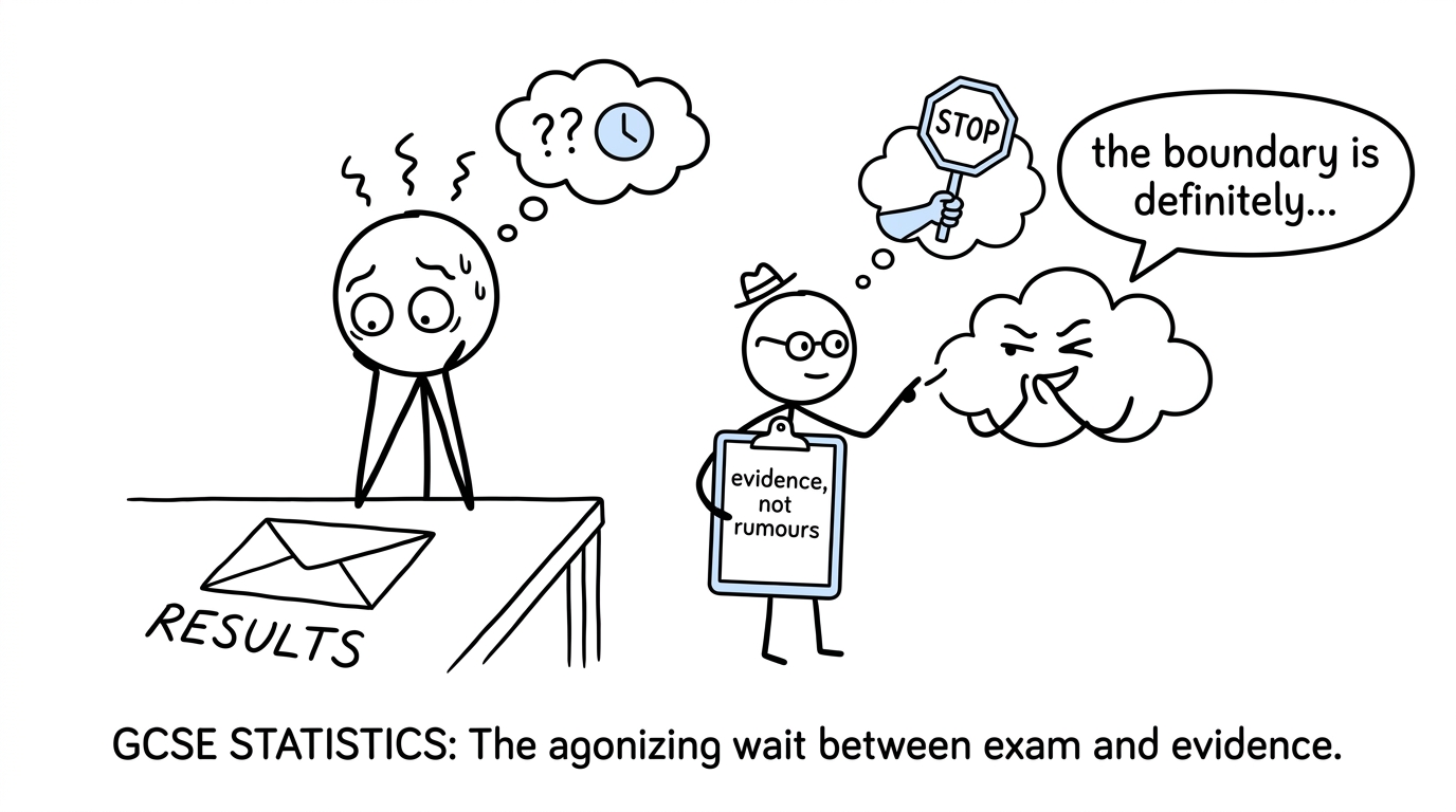 A student ignoring grade-boundary rumours while awaiting GCSE Statistics results
